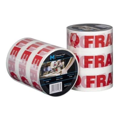 FRAGILE Message Tape, White/Red, 100m, 36 rolls